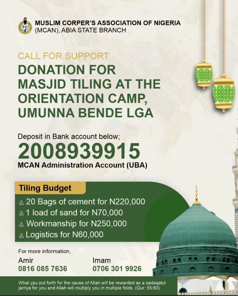 thaofik_'s tweet image. 📢 DEAR MUSLIM UMMAH,
I sincerely need your support for the sake of Allah (SWT).

Our NYSC Orientation Camp Mosque Project in Abia State is still ongoing, and our batch has been entrusted with completing it.

We humbly seek your financial support to help us finish this.