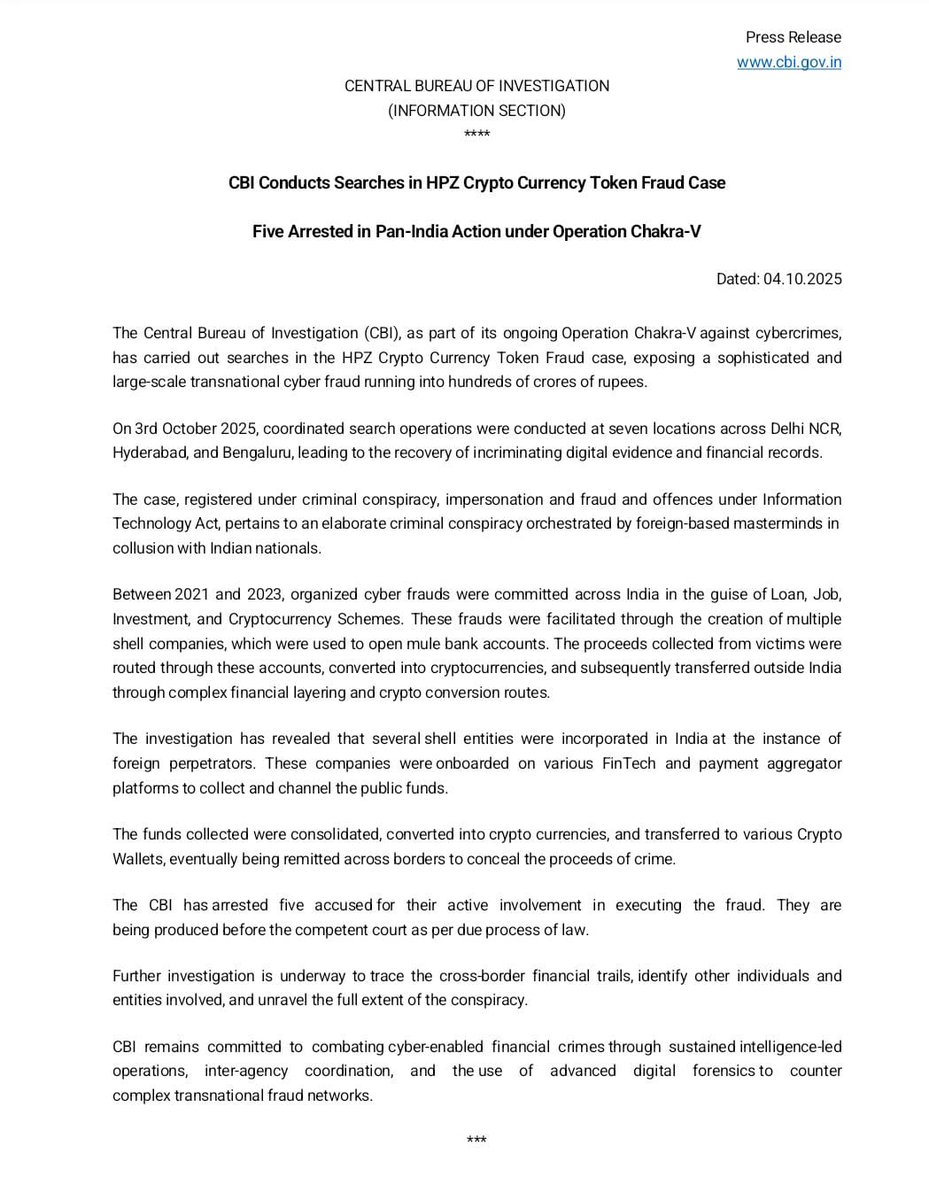 CBIHeadquarters's tweet image. CBI Conducts Searches in HPZ Crypto Currency Token Fraud Case
Five Arrested in Pan-India Action under Operation Chakra-V