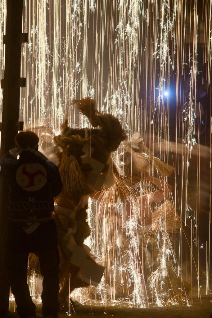 Nanakuri Shrine Autumn Naked Festival - seven young men dance under the sparks from the handmade fireworks tube. 📍Iida City, Nagano 
#japaneseculture #traditional #japan #nagano