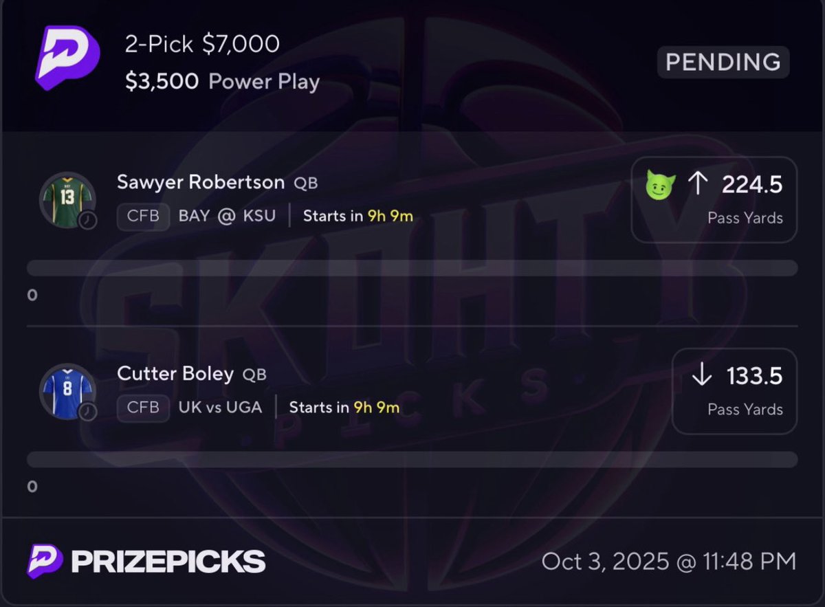 SkohtyDFS's tweet photo. CFB🏈 2 MAN LATE NIGHT LOCK🔒💰if this parlay cashes I will cashapp one person that likes this tweet $200. Must like to enter good luck 🚀 ❤️ if tailing ! 

 #PrizePicks ⬇️⬇️  #CFB https://t.co/wNbprtHdEE