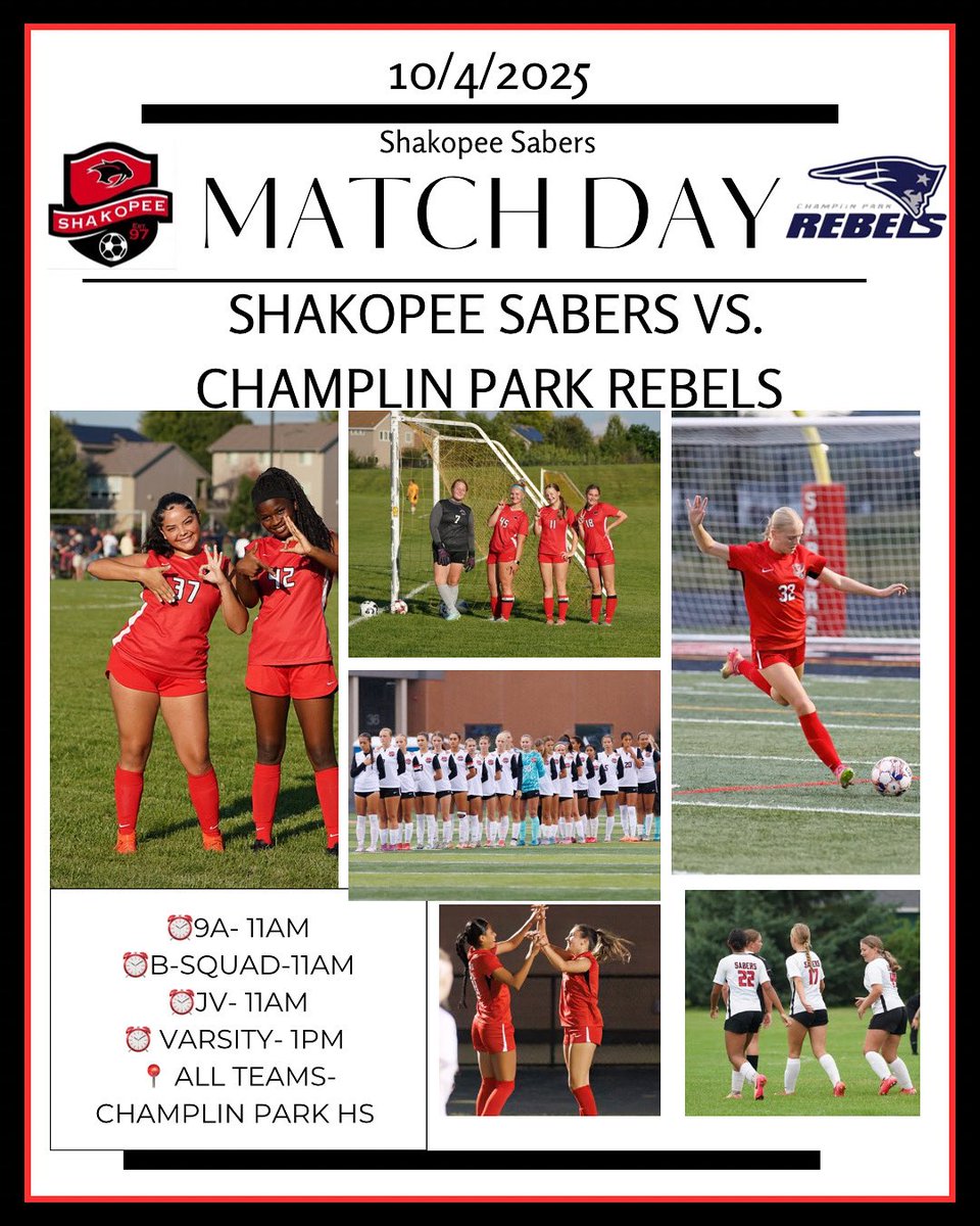 It’s Saber ⚽️ Game Day‼️‼️‼️

All 4 of our girls teams head up to Champlin Park to take on the Rebels‼️‼️‼️

9A, B-Squad &amp; JV @ 11am, and Varsity @ 1pm‼️
Let’s finish the season Strong ladies, Go Sabers‼️