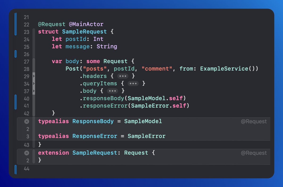 PiotrekJeremicz's tweet photo. The @Request macro is back! 🎉

I wrote this code almost two years ago. It needs some refactoring due to #SwiftSyntax's major update but still works fine.

The macro overrides default isolation, triggering a compiler error about non-isolation. Need a fix. 💻
#BuildInPublic #Swift https://t.co/sYFYxamJUT