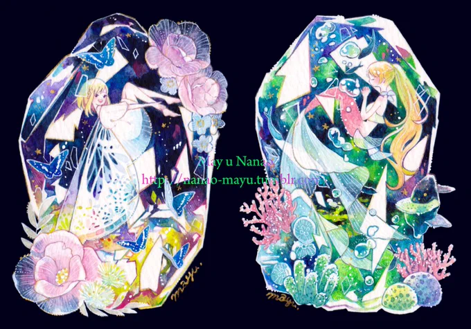 やっと画像編集しました ATC(64x89mm)/アクリル/マーメイドボード 「君をとじこめる・妖精/人魚」 改めて見てもすごく可愛いね!!! 両方販売済です #nanao_mayu #ATCつくりました