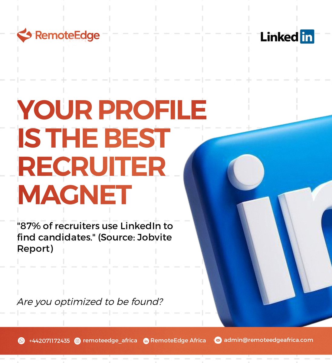 Remote_Edge's tweet image. 87% is a massive number. It means your profile isn't just an online CV—it's the first place recruiters look to fill a role.

We'll show you exactly how to structure your profile so the 87% finds YOU.

Register Today for just $5!  forms.gle/EZ1rLC9on8M1E8…