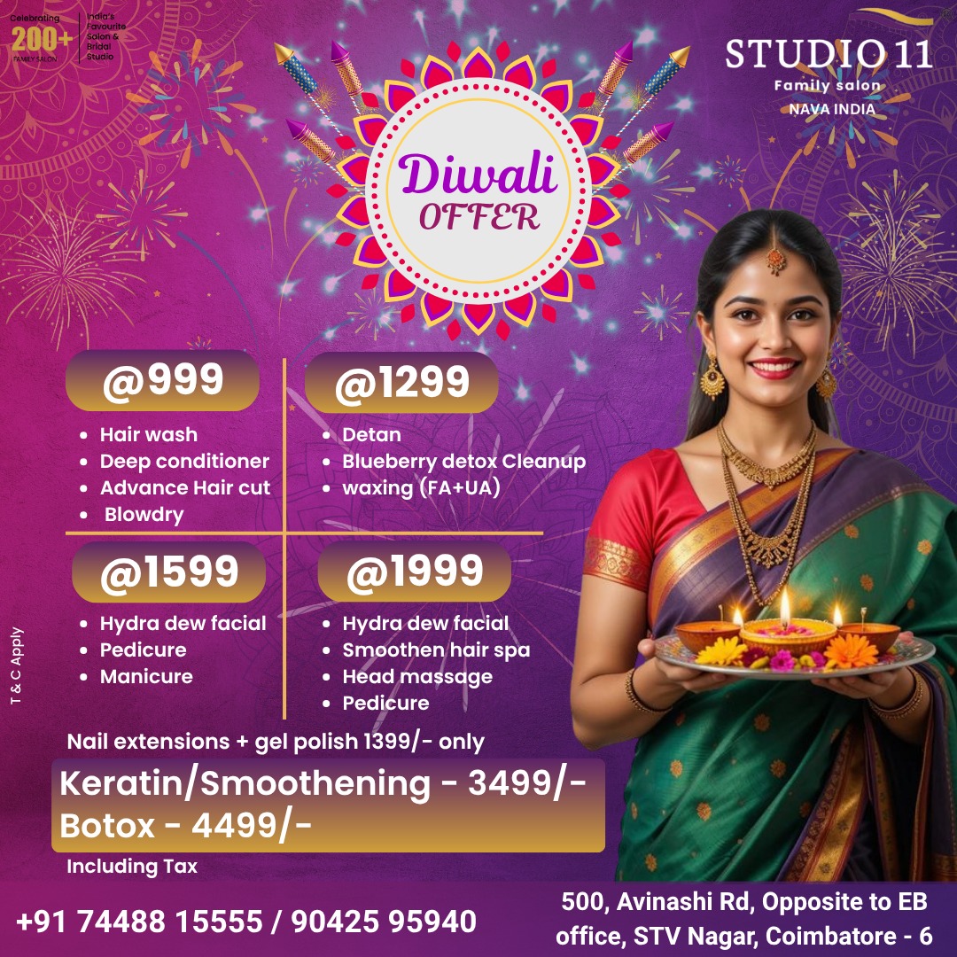 Studio11navaind's tweet photo. This Diwali, let your glow outshine the fireworks!
Celebrate the festival of lights with Studio 11’s exclusive beauty &amp; hair care offers starting at just ₹999

#bridalmakeup #trendinghairstyles #BestSalonInCoimbatore #specialoffer #facialtreatment https://t.co/XXDcAnMaGc