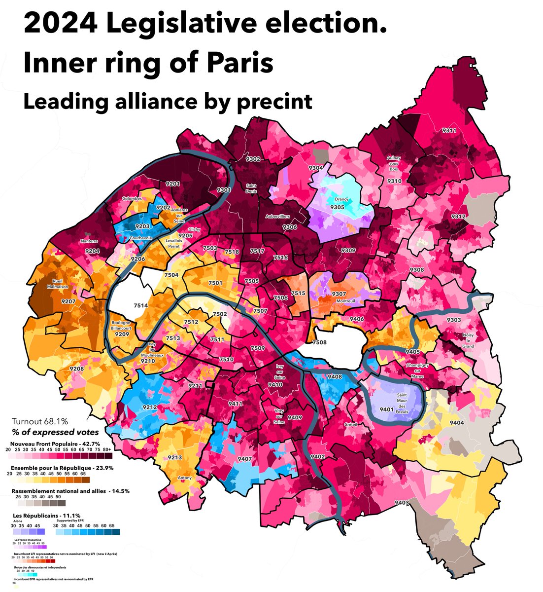 cart0graf's tweet image. 🧵Perhaps the maps that have required the most work from me so far: the 1st round of the 2024 legislative elections in Paris and its inner suburbs by precint. The left-wing coalition came a distant first. The extent of socio-economic divisions was evident in voting patterns.
⬇️⬇️