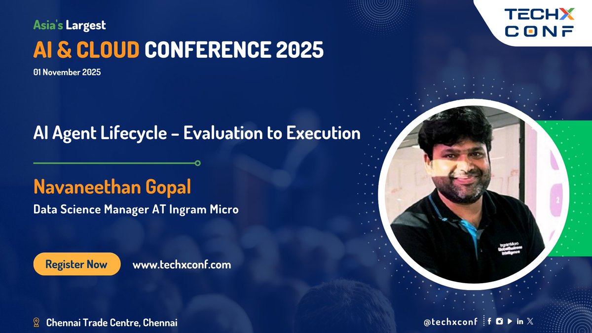 TechXConf's tweet photo. 🎤 AI Agent Lifecycle – Evaluation to Execution

Join @NavaneethhGopal from @IngramMicroIND for a deep dive into AgentOps, covering the complete lifecycle of AI agents from evaluation to real-world execution. This session will explore core principles, effective evaluation strategies, and best practices to successfully deploy and manage autonomous AI agents at scale.

🌟 Register Now: https://t.co/VhEsFYNMLf

#AI #AgentOps #AutonomousAgents #TechXConf2025 #TechXConf