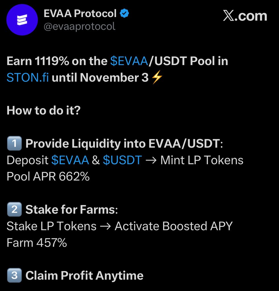BREAKING: Evaa protocol has launched an Earn campaign on StonFi with the $EVAA / $USDT Pool APR up to 662% until November 3rd 🤯🔥