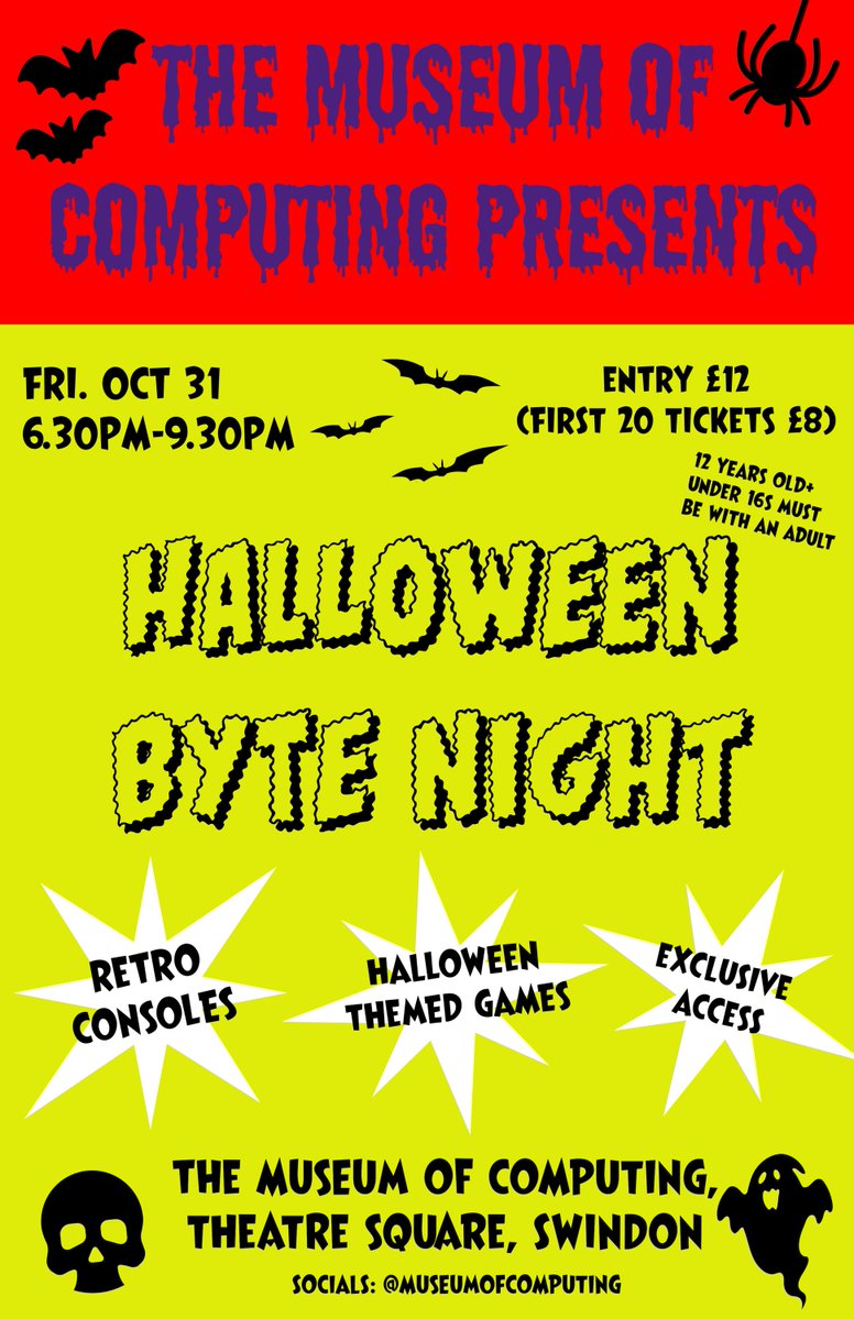 MuseumComputing's tweet image. Open today! Level-up your Saturday with fun and education for the whole family!
Saturday 9:30am to 5pm
Adult £5 Child £3 Family £12
Don't forget your early bird ticket to our Halloween event!
zeffy.com/en-GB/ticketin…
#Swindon #computer #museum
