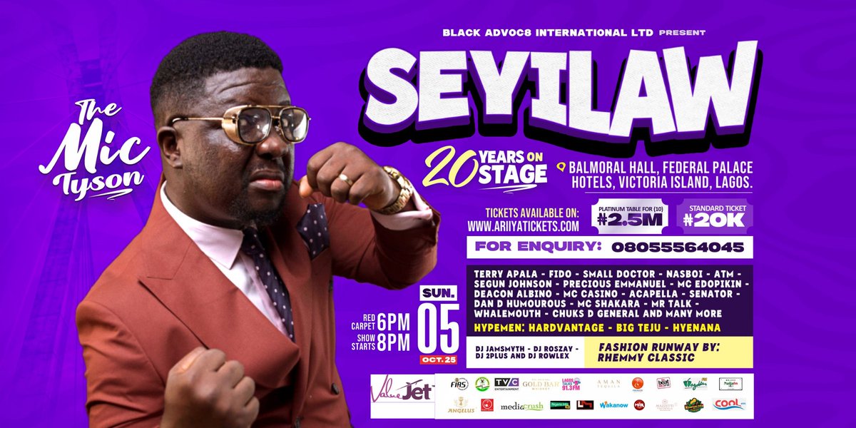 ValueJet, <a href="/flyvaluejet/">ValueJet</a>, becomes our official airline for SEYILAW: THE MIC TYSON (20 YEARS ON STAGE).

Come and savour the beauty of flying with a reliable airline and relax in the atmosphere of lovely comedy. 

It's going down on SUNDAY 5TH OCTOBER 2025 at the BALMORAL HALL,