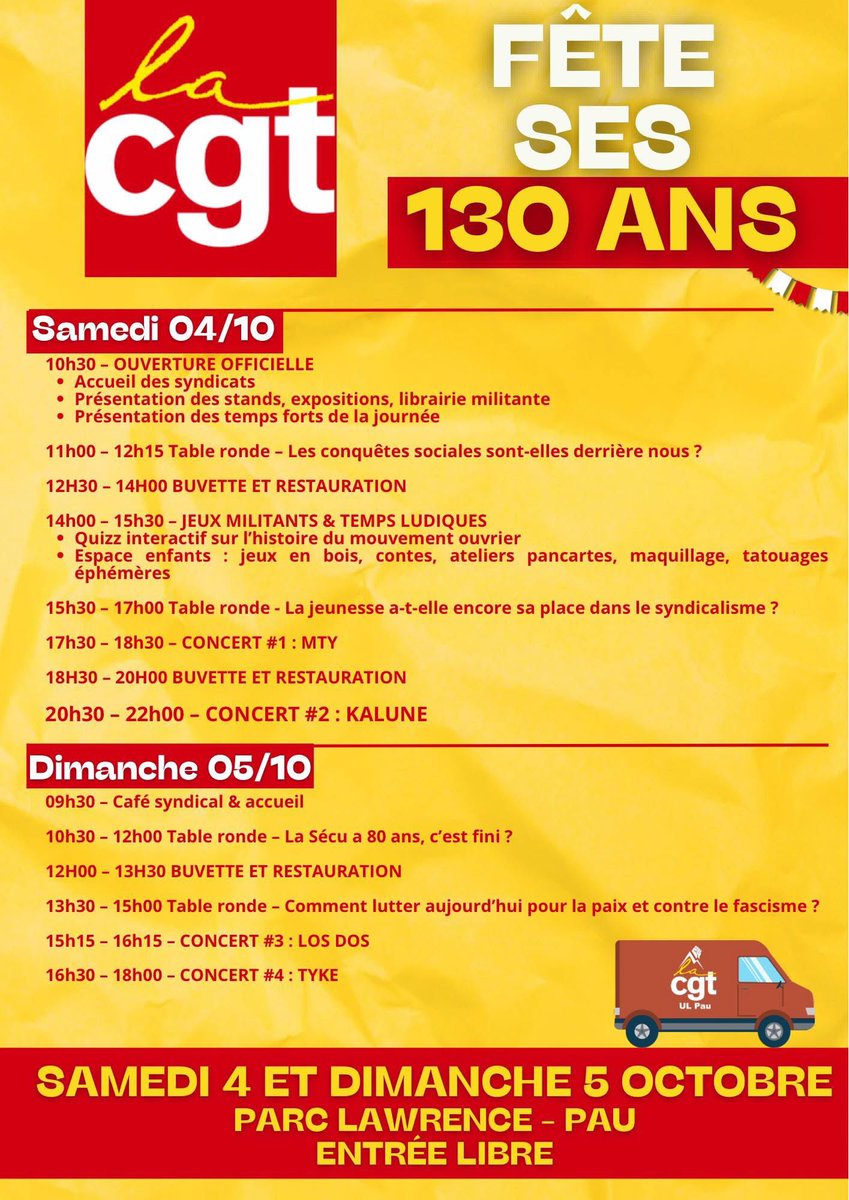 Notre syndicat sera présent aujourd’hui et demain au Parc Lawrance de Pau pour la fête des 130 ans de la CGT organisée par la CGT Pau et ses syndicats affiliés.
#130anscgt #pau #paumaville