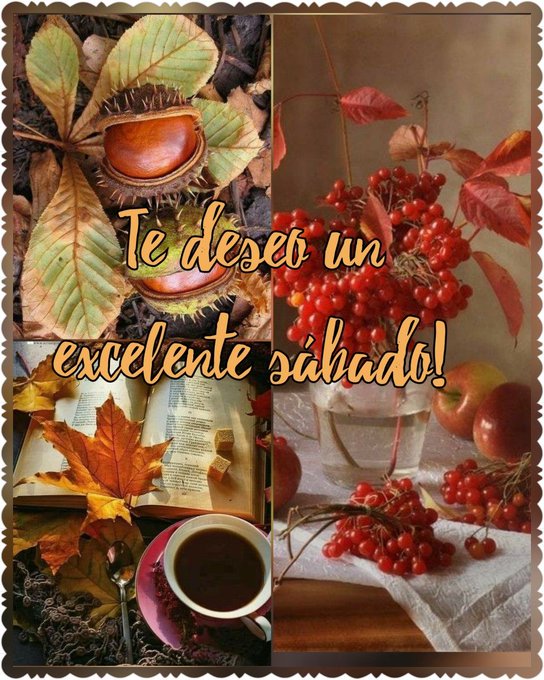 Autumn leaves in green and brown hues, chestnuts with spiky husks, a cup of coffee with a spoon on a saucer, an open book, red apples, and red berries in a glass vase on a white cloth.
