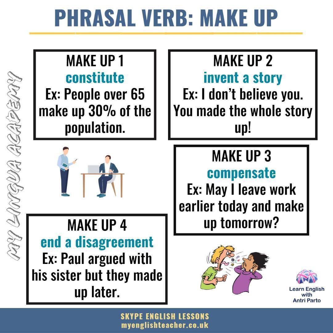 MyLinguaAcademy's tweet photo. Learn different meanings of the phrasal verb MAKE UP
#learnenglish #learnenglishonline #onlineenglishlessons #esl #efl #toefl #ielts #fce #cae https://t.co/VR9Y6o80zw