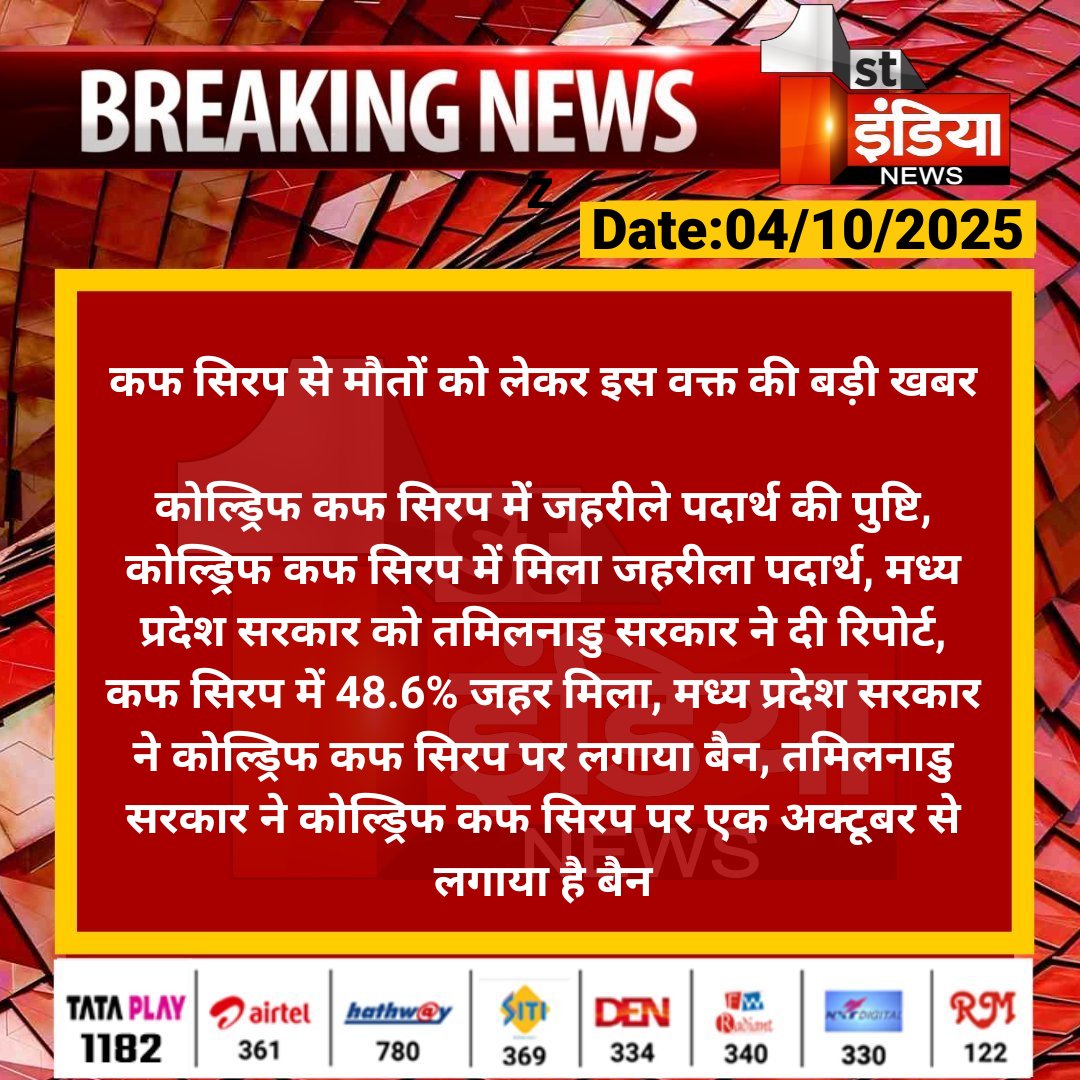 1stIndiaNews's tweet photo. कफ सिरप से मौतों को लेकर इस वक्त की बड़ी खबर

कोल्ड्रिफ कफ सिरप में जहरीले पदार्थ की पुष्टि, कोल्ड्रिफ कफ सिरप में मिला जहरीला पदार्थ, मध्य प्रदेश सरकार को...

#FirstIndiaNews #ColdrifSyrup #CoughSyrupBan #ToxicSyrup #BreakingNewsIndia #HealthAlert #DrugBanIndia #MPNews #TamilNaduNews #PoisonInMedicine #ColdrifControversy #IndianNews #NewsUpdate #MedicineAlert