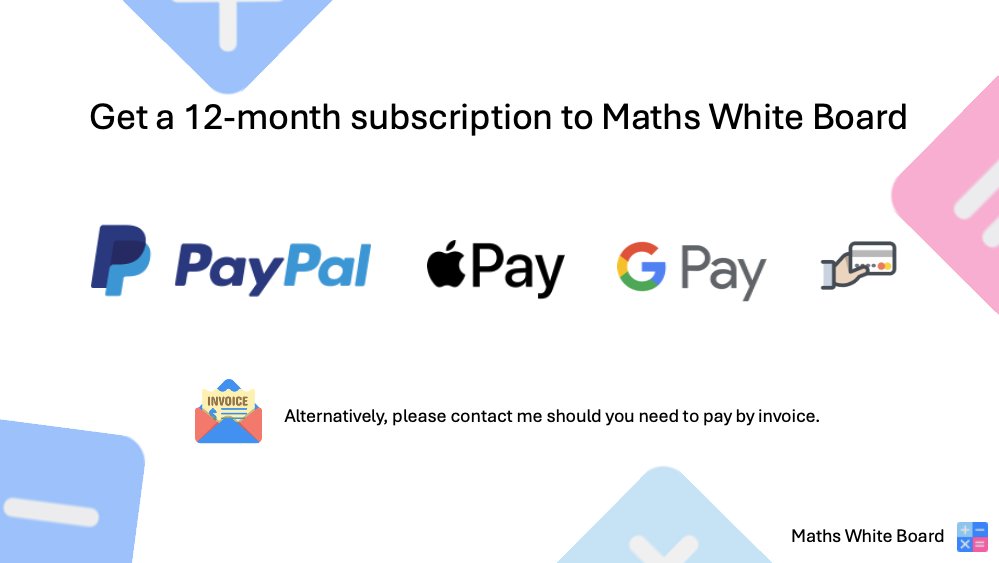 Matt Woodfine (@matttheapp) on Twitter photo PayPal was just the beginning when it came to providing trustworthy and reliable transactions.
Now you can subscribe and unlock the full power of Maths White Board with 13+ new payment options, including Apple Pay & Google Pay!🔓✨
mathswhiteboard.com/MWB/purchasepa… PayPal was just the beginning when it came to providing trustworthy and reliable transactions.
Now you can subscribe and unlock the full power of Maths White Board with 13+ new payment options, including Apple Pay & Google Pay!🔓✨
mathswhiteboard.com/MWB/purchasepa…