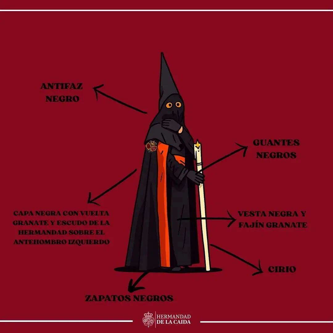 Nazarenos
Son los encargados de iluminar con sus cirios el camino de nuestros Titulares. Cirios que custodian promesas, capirotes que anuncian que La Caída está en la calle y cruces que portan los más pequeños. Devoción que se mantiene viva y que pasa de generación en generación.