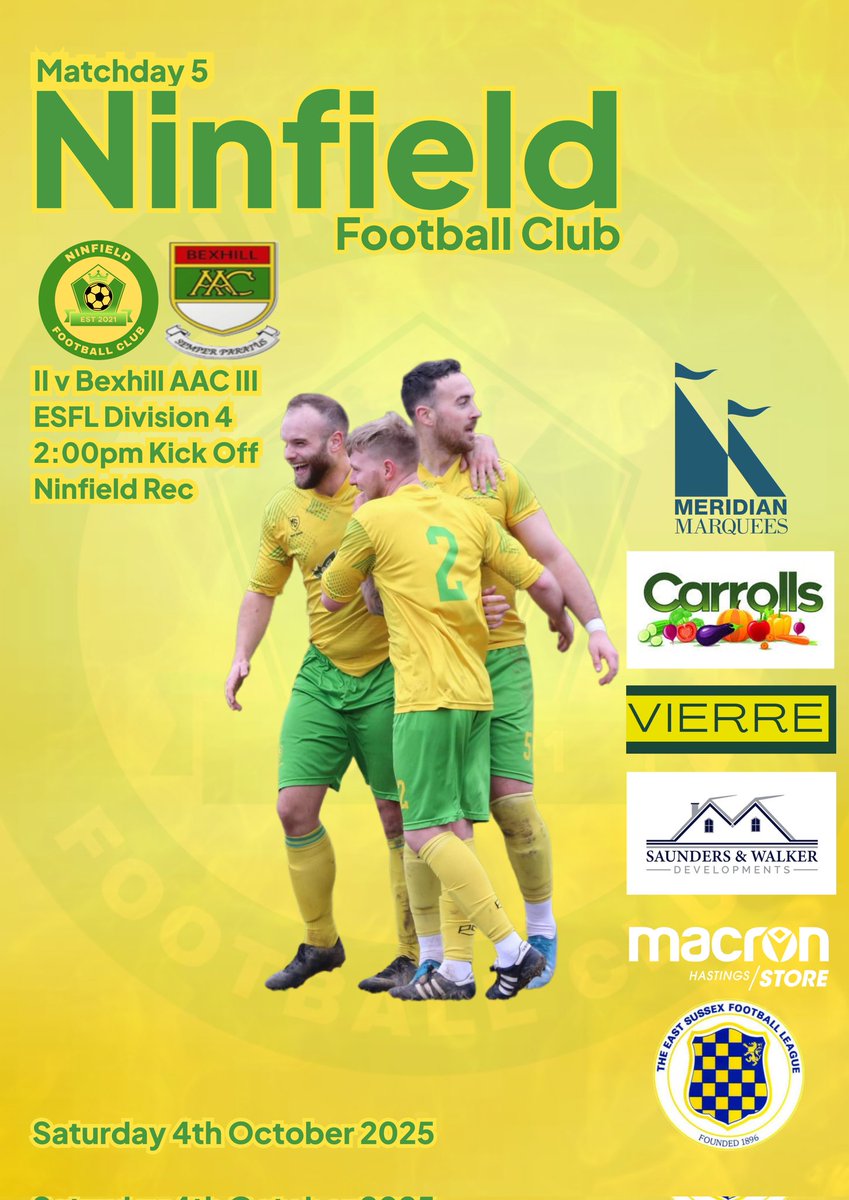 ⚽️ Ninfield II v Bexhill AAC III
🏆 ESFL Division 4
📍 Ninfield Rec
🕑 14:00 Kick Off
🗓 Saturday 4th October 2025

🟡⚽️🟢
#UpTheNins #NinTwos
<a href="/MacronESFL/">MSH - East Sussex Football League</a>