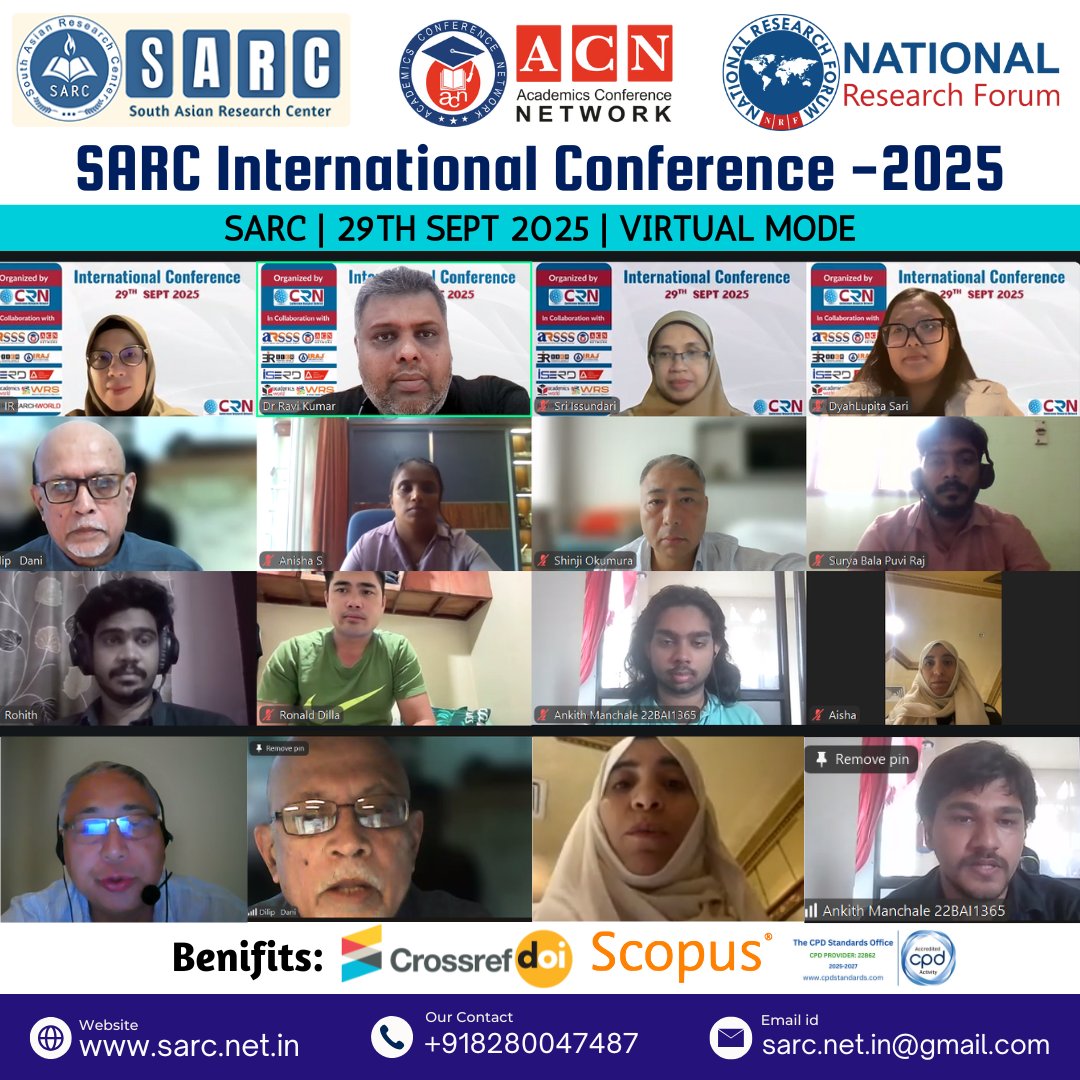 SARCCONFERENCE's tweet image. Successful Event Alert!
We are delighted to announce that SARC has successfully organized an International Conference in on 29th September 2025 in Virtual Mode!
#VirtualConference #GlobalResearch #AcademicEvent #Innovation #Networking #KnowledgeSharing #ResearchCommunity