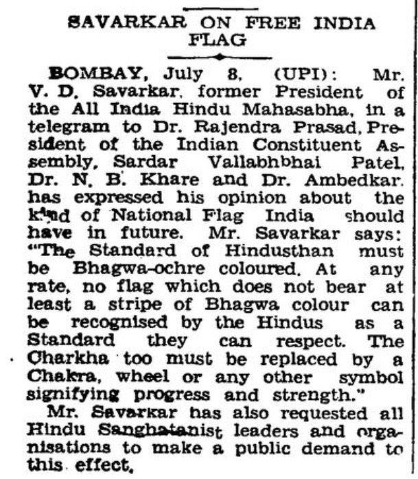 The invention of ‘Ashok Chakra’ in the national flag was Swatantryaveer Savarkar’s idea who urged to include ‘Ashok Chakra’ instead of ‘Charkha’ &amp; ‘Union Jack’. (Gandhi insisted to include Charkha &amp; Union Jack).

Telegram sent by him on 7 July 1947 &amp; news snippet.
<a href="/ARanganathan72/">Anand Ranganathan</a>
