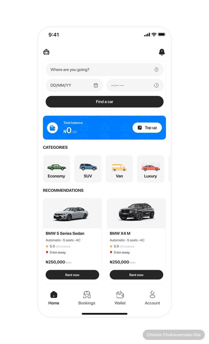 _nanasommy_'s tweet image. Home Screen✨
Aim: Help users quickly find and rent cars near them, manage their wallet, and explore top recommendations with hassle
Next: Extended booking screen