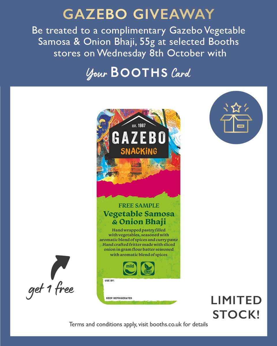 BoothsCountry's tweet photo. Our next Booths Cardholder giveaway is this Wednesday 8th October at selected stores with a complimentary veg samosa and onion bhaji!

If you don't have a Booths card you're too late for this giveaway, sign up online to take advantage of future freebies https://t.co/4ZhmR26m3w https://t.co/akOEwc36UP
