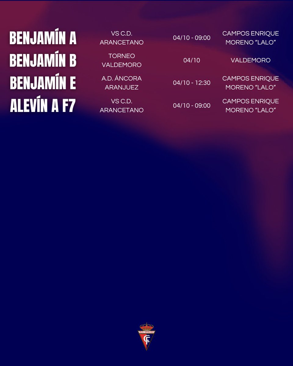 🗓️ Los horarios de nuestra cantera y escuela para este fin de semana

#VamosAranjuez #OrgulloRibereño