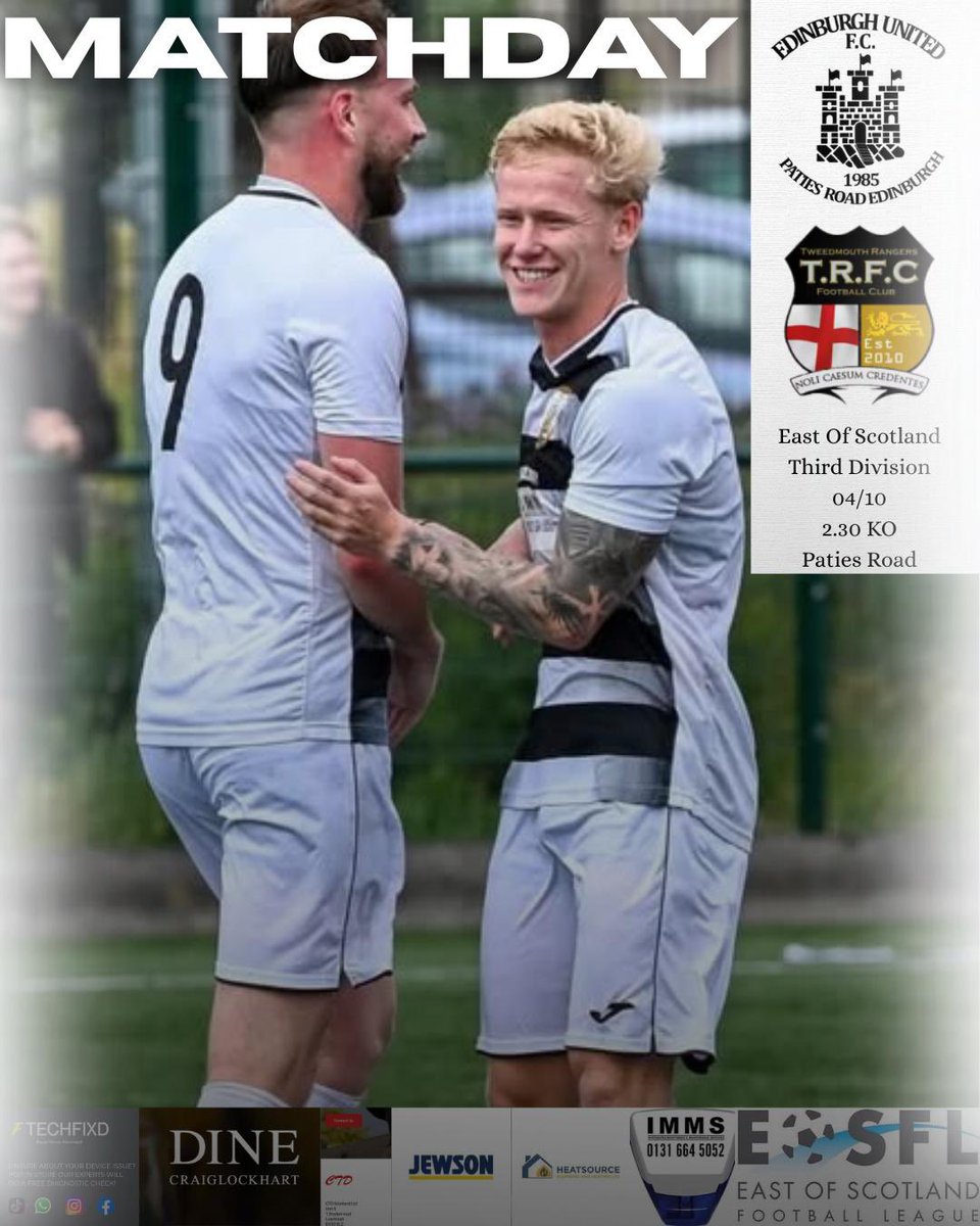 ⚽️MATCHDAY!

We kick off October back home at Paties Road, as we take on Tweedmouth Rangers for the first time this season - come on United!

🆚<a href="/T_RANGERSFC/">Tweedmouth Rangers FC</a> 
⏰2.30PM
🏟️Paties Road
🏆<a href="/EastScotlandFA/">East of Scotland Football League</a> Third Division
🎟️£6 Adults , £4 Concessions (Cash Only)

⚫️⚪️