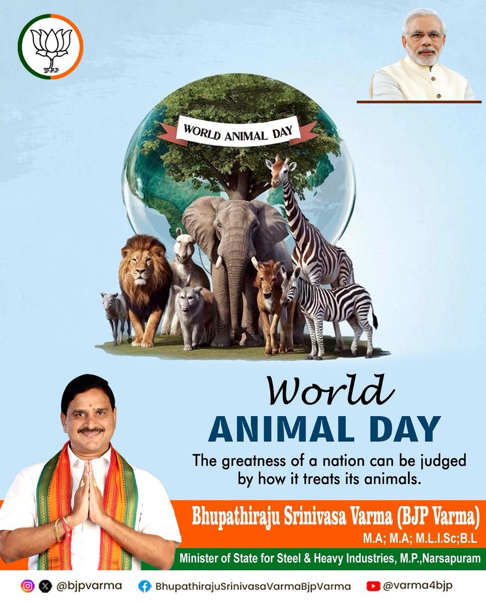 BjpVarma's tweet image. The true greatness of humanity is revealed in how we treat animals. On World Animal Day, let us work together to create a safer and kinder world for them.

#animalday #saveanimals