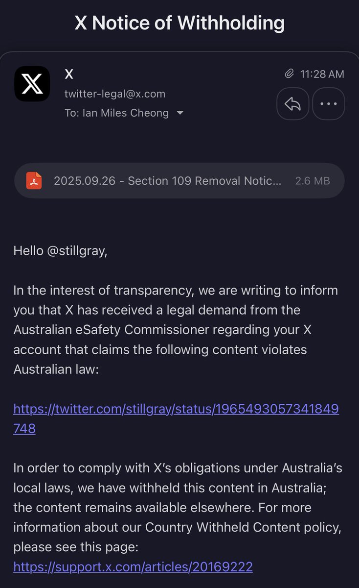 stillgray's tweet image. The Australian government is forcing 𝕏 to remove my video footage of Iryna Zarutska’s murder. They’d love to take it down worldwide but neither 𝕏 nor I are subject to their global censorship policies so it’ll only be withheld from being displayed in Australia. Insane.