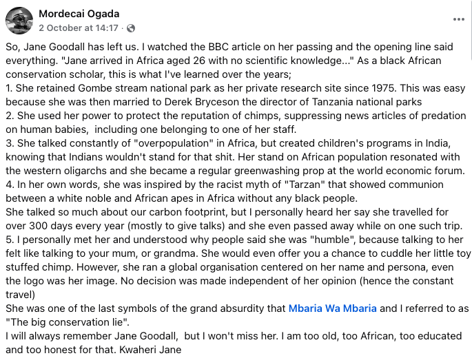 rishpardikar's tweet image. This needs to be read more widely. We do a disservice to ourselves by not critiquing the legacy of powerful people. By @m_ogada, a prominent Kenyan voice on conservation, about #JaneGoodall