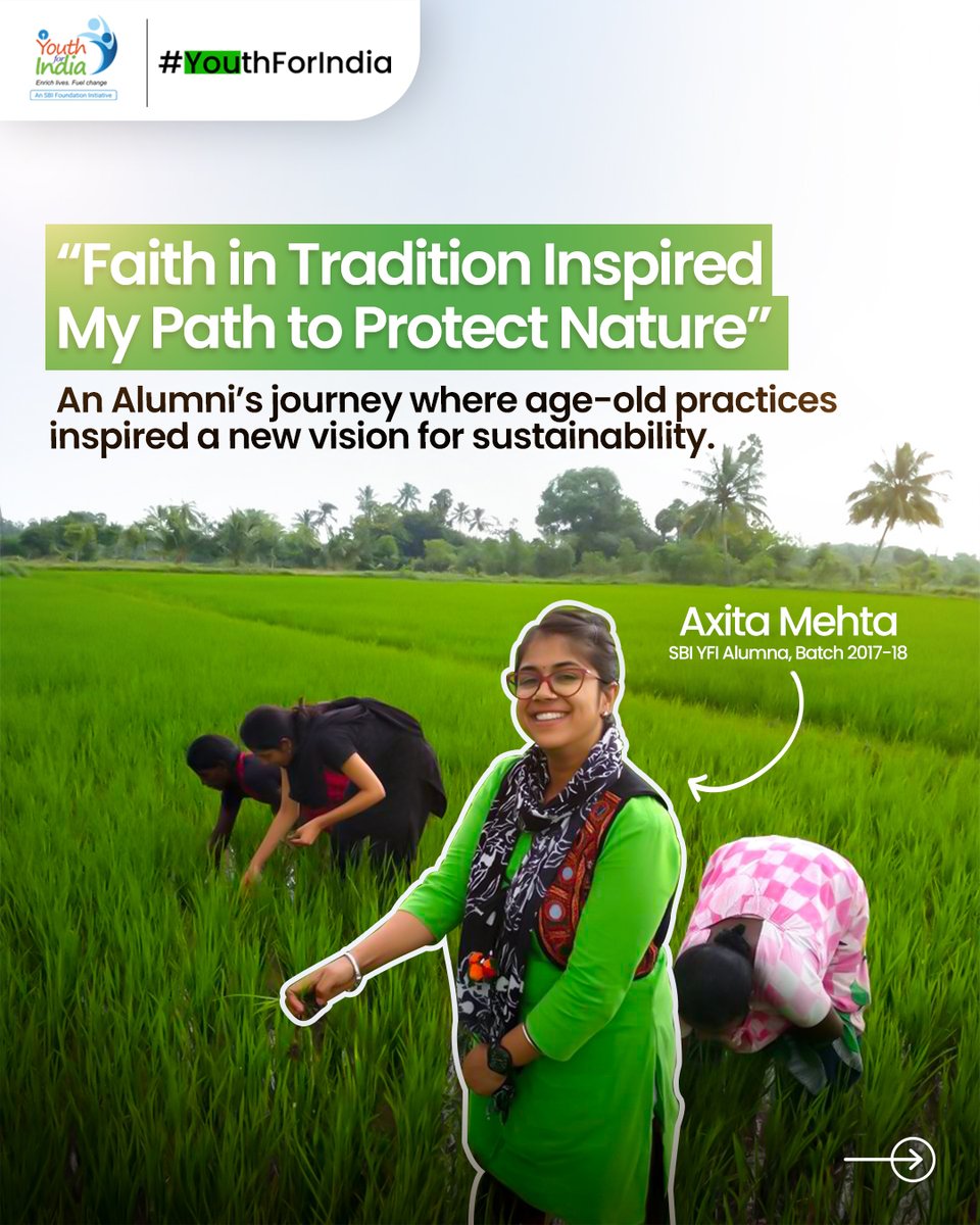 sbi_yfi's tweet photo. “It was liberating to be in control of myself, while just letting myself be free,” she recalls.

Axita (@StillAmAx) never imagined that taking a specially sanctioned leave from her desk at the State Bank of India (@TheOfficialSBI) for a remote village in Tamil Nadu would change the way she sees the world.

An employee of SBI, she was intrigued by the SBI Youth for India Fellowship because it promised both autonomy and the chance to create real social impact. This journey bought her to a rural village, where she partnered with Dhan Foundation (@FoundationDhan) to conserve Sacred Groves, ancient forest areas revered by locals for their spiritual significance, preserving biodiversity and their traditions.

Each day in the village was its own learning experience. As she learned to live within the local customs and even started to look at the world through the eyes of the villagers, Axita started to unlearn paradigms established long before, and began to understand a greater sense of empathy and purpose, lessons that continue to guide her in her work at SBI today.

#SBIYouthForIndia #YFI #YouthForChange #FutureLeaders #RuralImpact #SocialImpact #DevelopmentLeadership #SBI #StateBankofIndia #FellowshipOpportunities #Changemakers #SBIYFIFellow