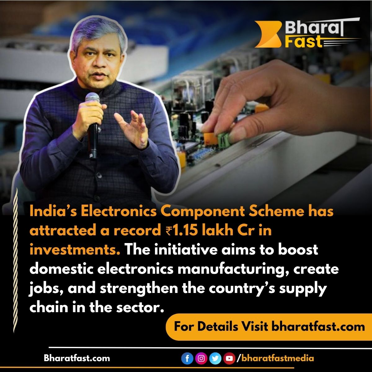 bharatfastmedia's tweet image. 💡 Electronics Component Scheme Draws ₹1.15 Lakh Cr
India’s Electronics Component Scheme attracts record ₹1.15 lakh Cr investments, aiming to boost domestic manufacturing, create jobs, and strengthen the electronics supply chain. 
#ElectronicsComponents #MakeInIndia