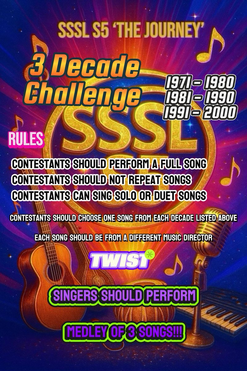 superstar_srini's tweet photo. Very big Announcement ๐ฅฐ๐ฅฐ
#WhistlePodu ๐ฅ๐ฅ๐ฅ๐ฅ๐ฅ๐ฅ
#Superstar_srini_Singing_League Season-5 ๐๐๐ฅฐ๐ฅฐ๐ค๐ถ๐ต๐ผ๐ฅ
#SSSLS5_CUP
First Time in Spaces History ๐ผ๐ต๐ถ๐ฅ๐ฅ๐ฅ
10 Teams ๐ป๐บ๐ท
#Singing_Champions ๐ฅ๐ฅ
ONE TITLE ๐
#SSSLS5
#Fifth_League
Time for Criteria & Date Announcement:
3 Decade Challenge
Medley ROUND: ๐ถ๐ต๐ฆ๐ฅ๐ฅ๐ฅ
Date: 04.10.25 @ 8.00PM
05.10.25 @ 08.00PM
Rules:
1. Selection of Song - Tamil films only
2. Contestants should perform a full song
3. Contestant should perform/select SOLO or DUET song.
@GH25589964 @iam_DhivyaSri @Black_lady____ @JaN_PhoeniiX @PriShini134 @sarochellamma @bwnsingndentist @vivek_rahman @Maina_Mainu @Varshika_I @ushaismyname @Venba_G @Music_Musicaaa @praveenk_sa @Rocky_Leaks @onesuperstarfan