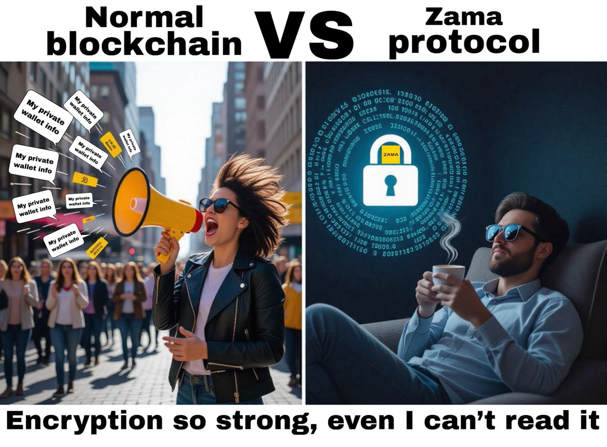 Normal Blockchain  vs Zama Protocol 
Normal Blockchain = Public Library 
Zama Protocol = Your Personal Safe 
I’m clearly on Zama’s side 💯
What about you? 🤔 Comment below 👇
<a href="/zama/"></a>  #ZamaCreatorProgram