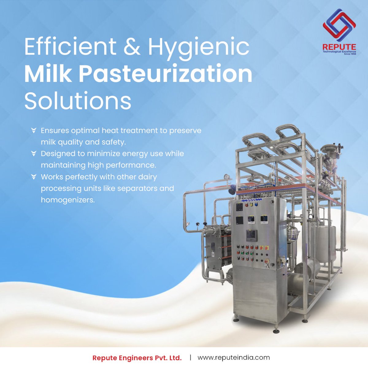 Repute_India's tweet image. Experience milk processing that combines safety, quality, and efficiency. Our pasteurization systems ensure precise heat treatment to preserve the freshness and nutrition of your milk, while minimizing energy consumption. 

#MilkProcessing #DairySolutions #HygienicProcessing