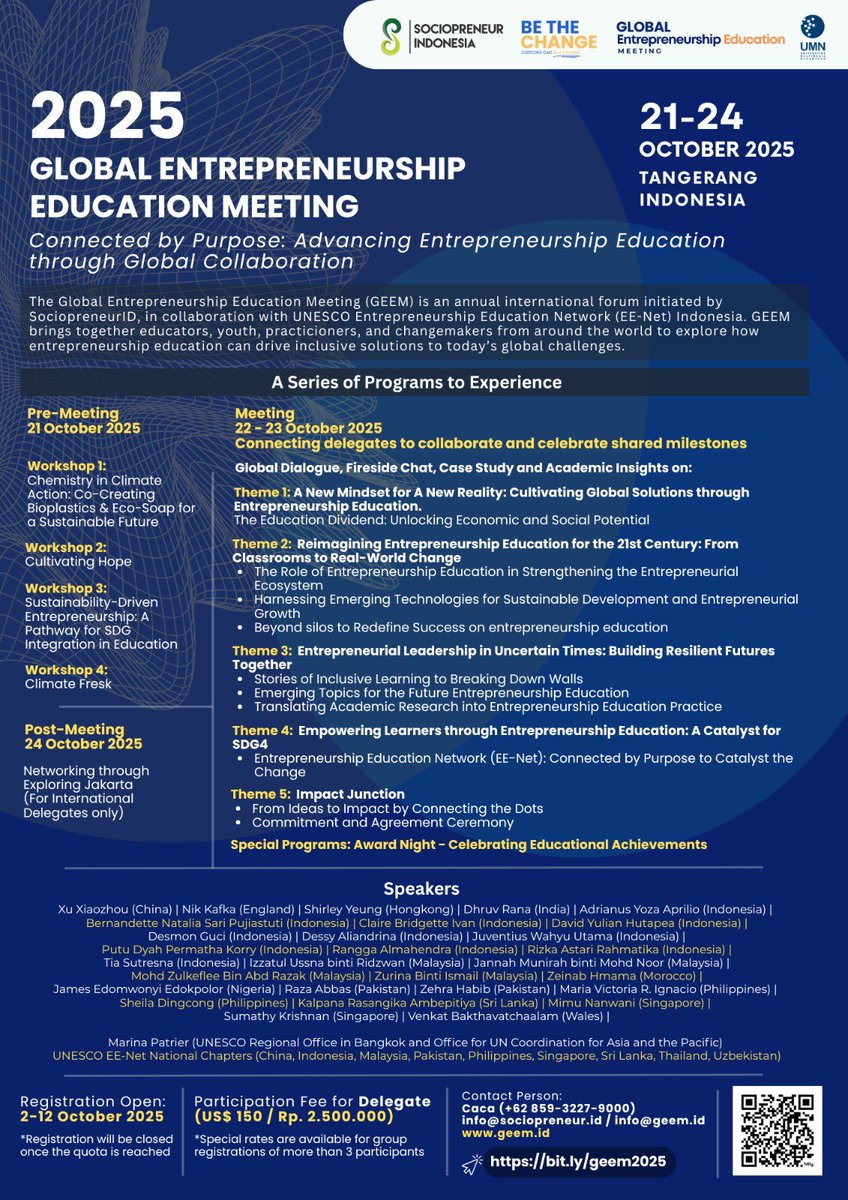 📢 Pendaftaran GEEM 2025 resmi dibuka! 
📅 2–12 Okt 2025 | 📍 Tangerang, 🇮🇩 
Bersama ratusan pendidik, inovator, &amp; komunitas dari 25 negara, mari bangun masa depan, #EntrepreneurshipEducation yang berdampak bagi manusia &amp; lingkungan
🔗 Daftar: geem.id
#GEEM2025
