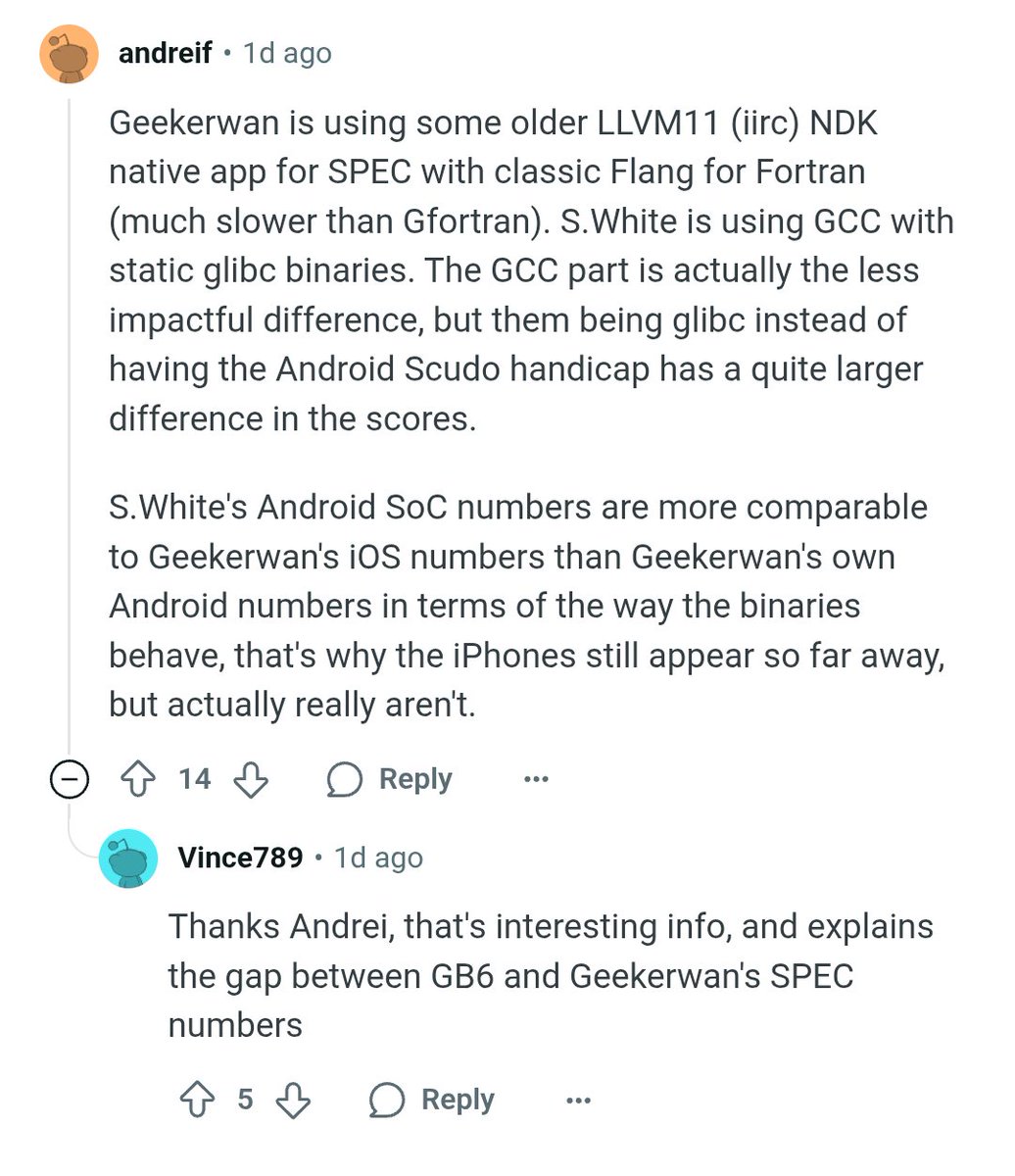 TECHINFOSOCIALS's tweet image. The SPEC INT Scores of Geekerwan doesn't make sense when comparing Android vs iOS. S.White's Android Scores are comparable to Geekerwan's iOS scores.
8e G5 INT should stand the same league Perf as A19P just with 1W more (P cores).
Thanks to Andreif for pointing this out.
🧵1/4