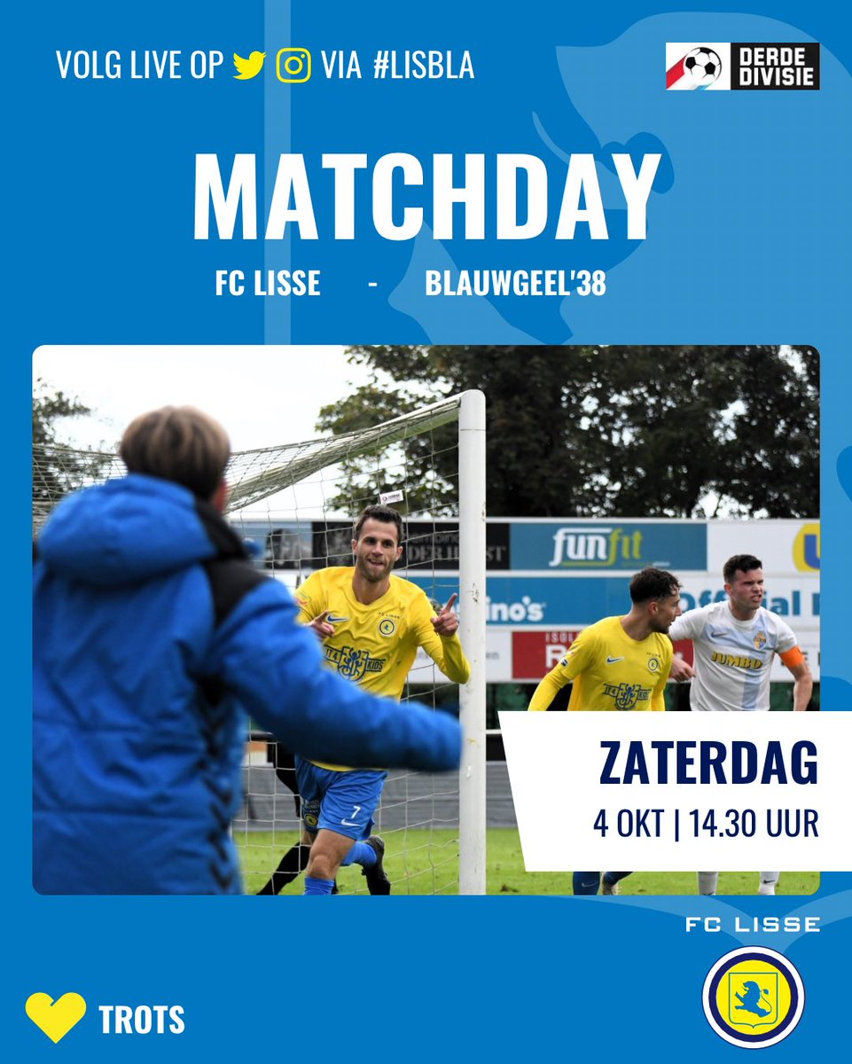 ⚽️ MATCHDAY | 🟡🔵 ⚔️ 🟡🔵 | #LISbla <a href="/blauwgeel38/">Blauwgeel'38/JUMBO</a> 

🎙️ Verslag van de wedstrijd te beluisteren bij <a href="/omroepbo/">Bollenstreek Omroep</a> met onze Jankees Faas 🎙️