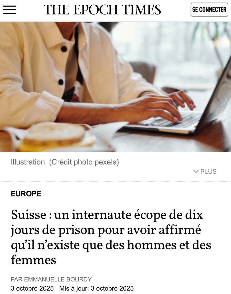 camille_moscow's tweet image. 🇨🇭 En Suisse, Emanuel Brünisholz passe 10 jours en prison pour avoir écrit :

« Il n’existe que des hommes et des femmes. »

Condamné pour “discrimination et incitation à la haine”.
La vérité biologique devient un délit d’opinion.
Bienvenue dans l’ère où les faits offensent.…