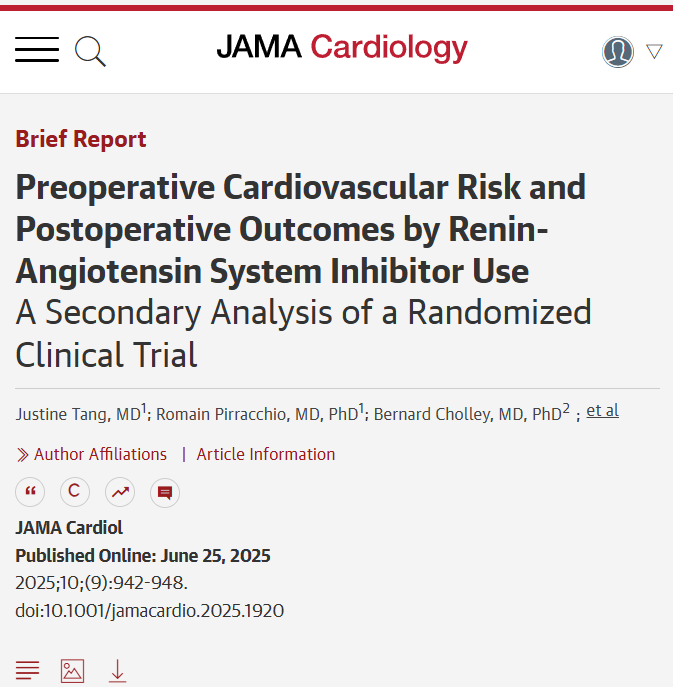 Preoperative cardiovascular risk did not affect outcomes related to continuing vs discontinuing RAS inhibitors before major noncardiac surgery. ja.ma/4onHiRJ