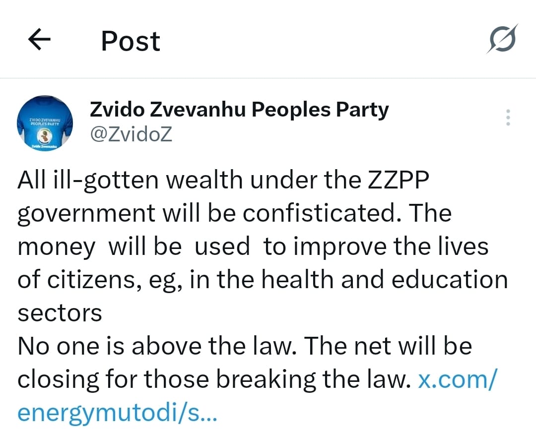 One of our  policies that will be implemented under the Zvido Zvevanhu government.  Accountability, rule of law, property rights and no one is above the law. The rule of law will be exercised without fear or favour.