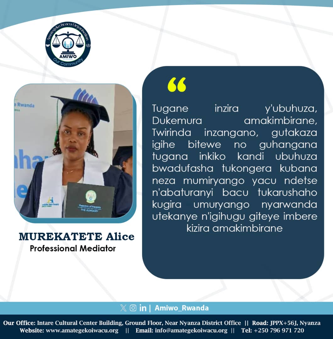 Tugane inzira y'ubuhuza 
Dukemura amakimbirane 
Twirinda inzangano ,gutakaza igihe bitewe no guhangana tugana inkiko kandi ubuhuza bwadufasha yukongera kubana neza mumiryango yacu ndetse n'abaturanyi bacu 

Murekatete Alice 
Professional Mediator
#UbuhuzaIwacu