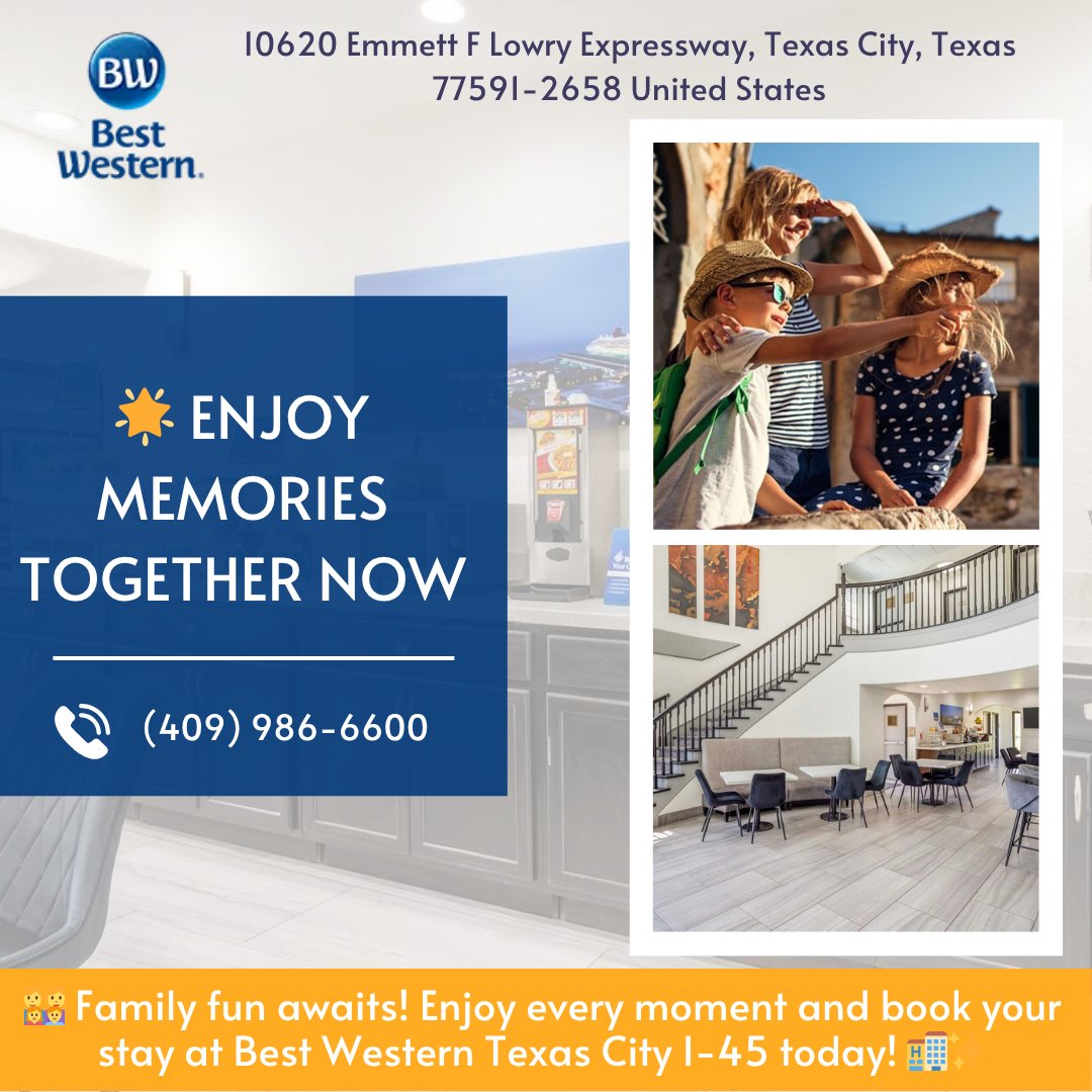 bwtexascity's tweet photo. 👨‍👩‍👧‍👦 Make memories that last! Book your family stay at Best Western Texas City I-45 today! 🏨✨ Call now: (409) 986-6600
#BestWestern #TexasCityTX #FamilyTravel #HotelStay #FamilyFun https://t.co/MxBGoqPF73