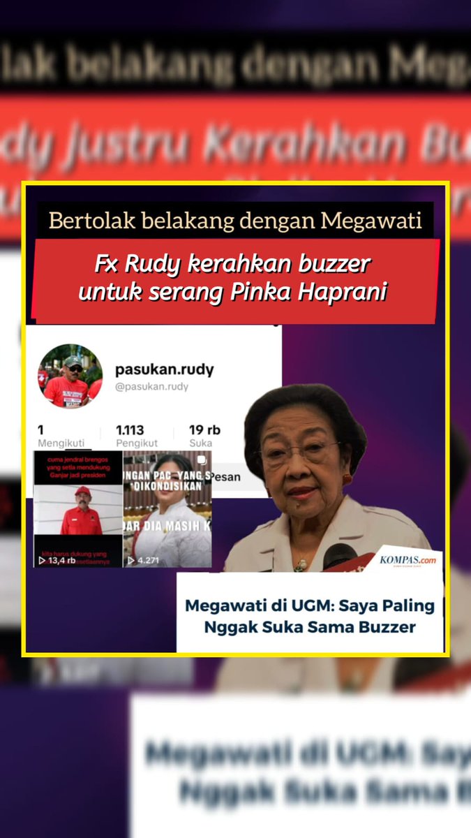 Bu Megawati ketika di UGM berstatement dirinya tidak suka sama buzzer setelah bercerita pengalamannya pernah diserang Buzer tapi justru Mantan DPC Kota Solo malah bertolak belakang, pasalnya FX Rudy malah diduga kerahkan buzzer untuk serang Pinka, apakah sengaja membuat panas.!!