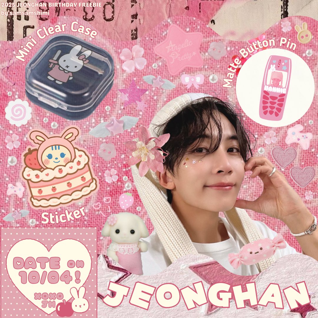 it’s a date on 10/04? 🎟️
────୨ৎ────

[ JEONGHAN BIRTHDAY FREEBIES ] 

✧ 1 matte button pin + 1 mini clear case + 1 matte sticker  
✧ willing to shoulder their SF!
✧ form submission basis 
✧ 100 slots

➡️ fill out here: forms.gle/12RgqYLWBvLQvo…