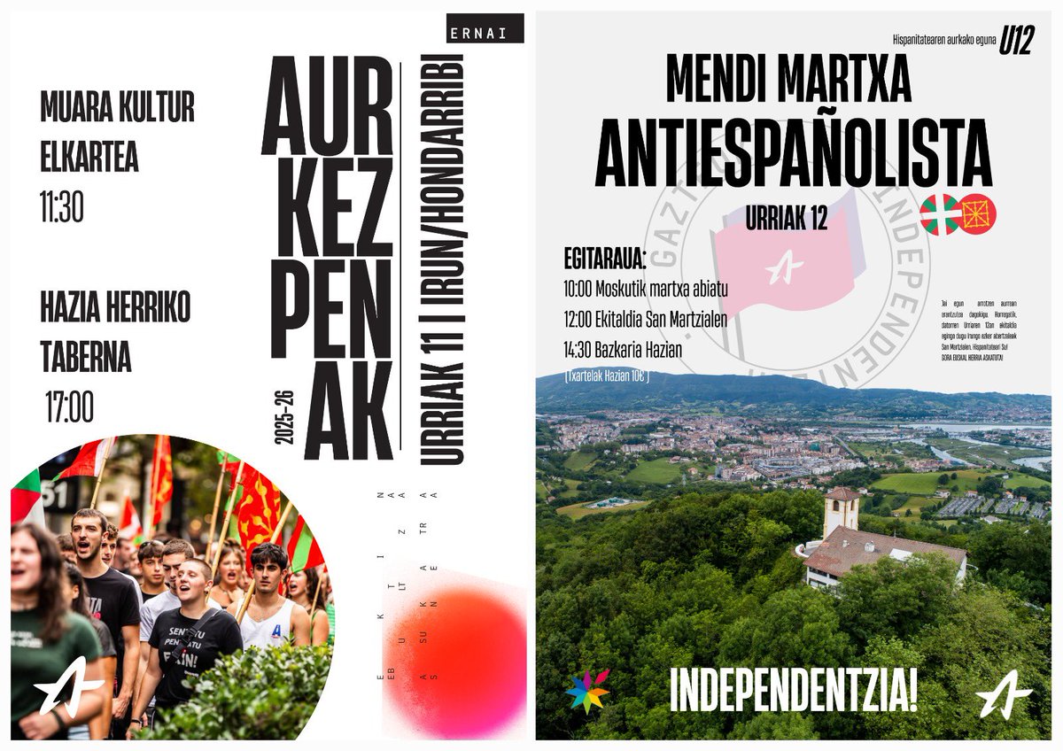 Datorren astebururako hainbat hitzordu antolatu ditugu ernaitik. 
Batetik, larunbatean Urriaren 11ean ikasturtearen aurkezpenakegingo ditugu Irun eta Hondarribian. Bestetik, urriaren 12an Hispanitatearen eguna dela eta Mendi Martxa Antiespañolista antolatu dugu Sorturekin batera