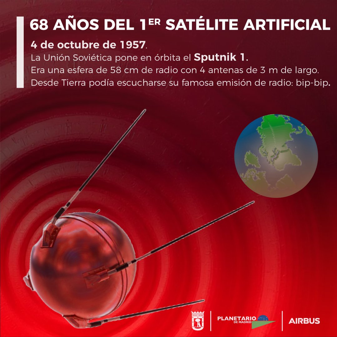 Planetario de Madrid (@planetariomad) on Twitter photo 68 AÑOS DEl PRIMER SATÉLITE ARTIFICIAL 🛰 DE LA TIERRA 🌍 🚀
SPUTNIK 1 🛰
4 de octubre de 1957 📅
Consisitía en una esfera de 58 cm de radio con 4 antenas de casi 3 m de largo
El famoso bip-bip  que emitía una de sus dos emisoras de radio podía oirse en la Tierra 🌍📡 68 AÑOS DEl PRIMER SATÉLITE ARTIFICIAL 🛰 DE LA TIERRA 🌍 🚀
SPUTNIK 1 🛰
4 de octubre de 1957 📅
Consisitía en una esfera de 58 cm de radio con 4 antenas de casi 3 m de largo
El famoso bip-bip  que emitía una de sus dos emisoras de radio podía oirse en la Tierra 🌍📡