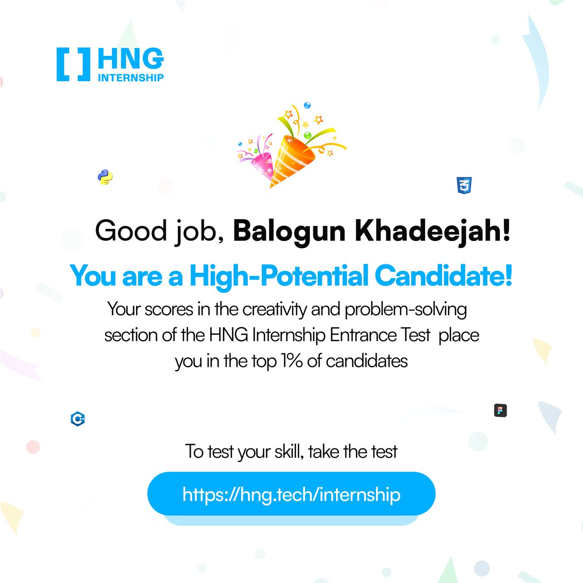 only_Dja's tweet image. Thrilled to be recognized as a High-Potential Candidate in the #HNGInternship Entrance Test 🎉
Scored 73% and ranked in the top 1% of candidates 🚀
Excited to grow, learn, and apply my skills through real-world projects with industry mentors.
#Tech #FrontendDevelopment #Career