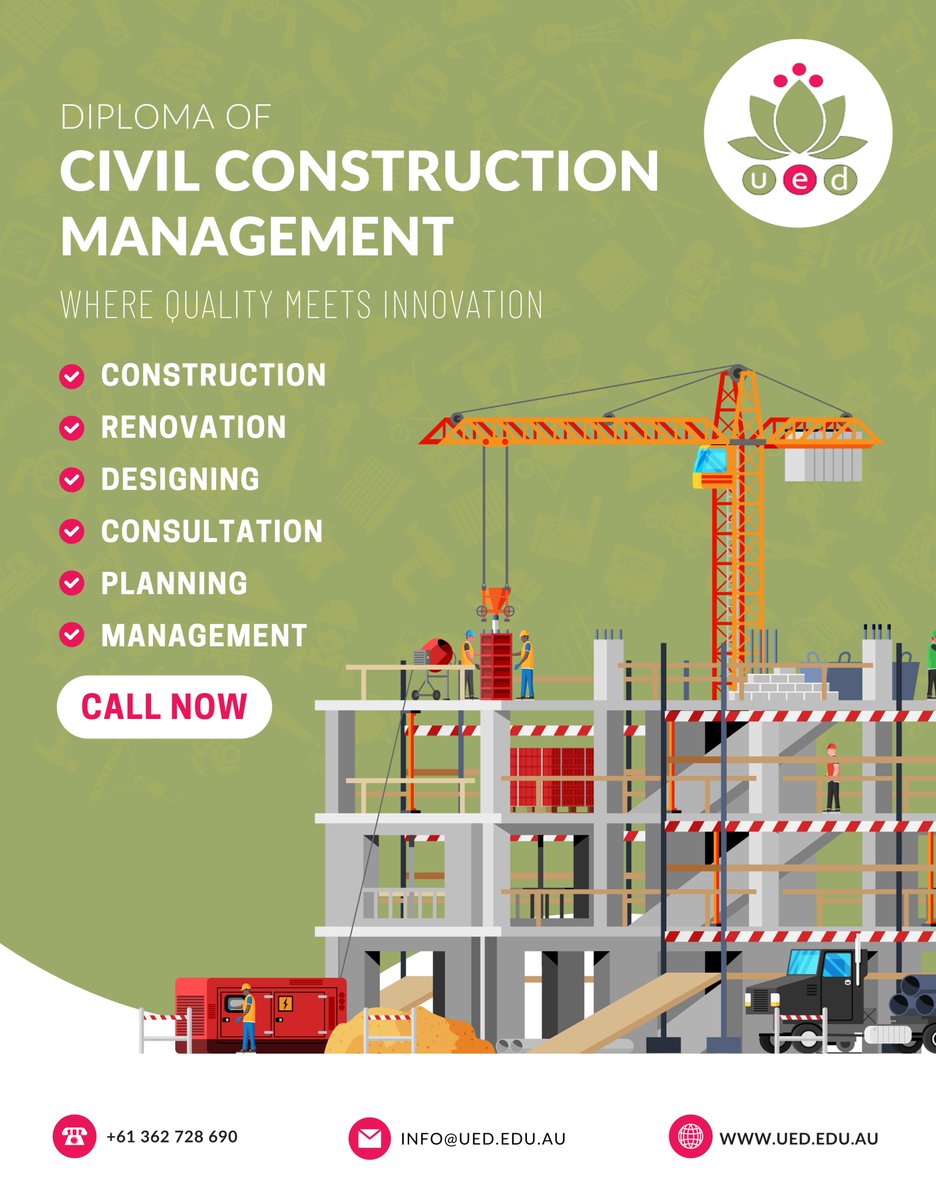 UnitySchoolD's tweet image. Build the Future with a Diploma in Civil Construction Management!

Turn your passion for construction into a successful career where **quality meets innovation**. 💡

📞 Call Now | ✉️ [info@ued.edu.au] 
#CivilConstruction #ConstructionManagement #UED #EngineeringEducation