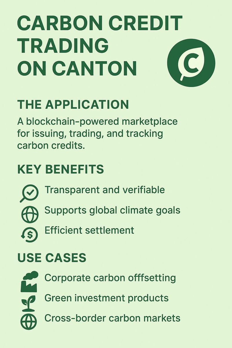GuiiHuii's tweet photo. CARBON CREDIT TRADING ON CANTON
A blockchain-powered marketplace for issuing, trading, and tracking carbon credits.
Key Benefits
Transparent and verifiable
Supports global climate goals
Efficient settlement
Corporate carbon offsetting
Green investment products
#CantonGraphics https://t.co/60CzVGSeXy